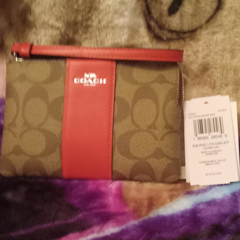 Coach Signature Miami Red and Tan Corner Zip Wristlet NWT